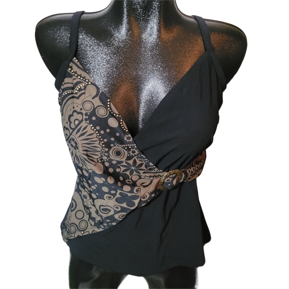 Stella Del Mare Black and Olive Green Patterned Swimsuit Top 16D